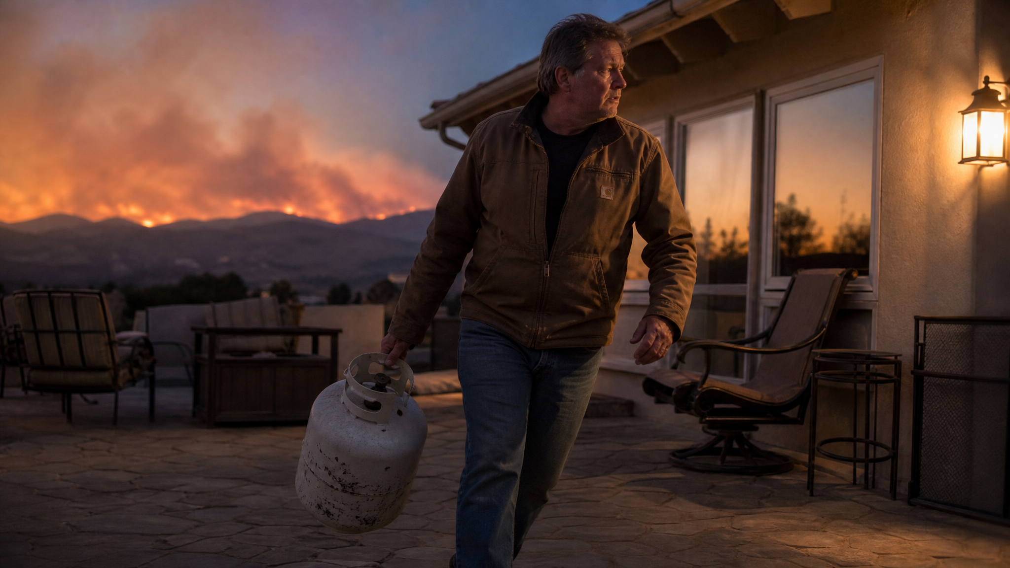 Man moving a propane tank away from the exterior wall of his house at dusk, smoky orange sky visible above the roofline, porch light already on