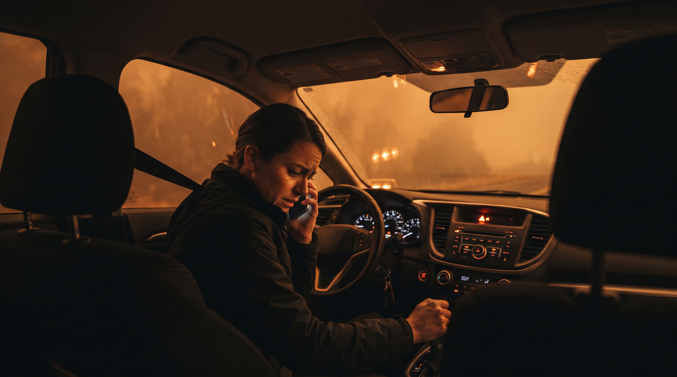 Person inside a car with windows rolled up and hazard lights flashing, thick orange wildfire smoke pressing against the windshield on a blocked road