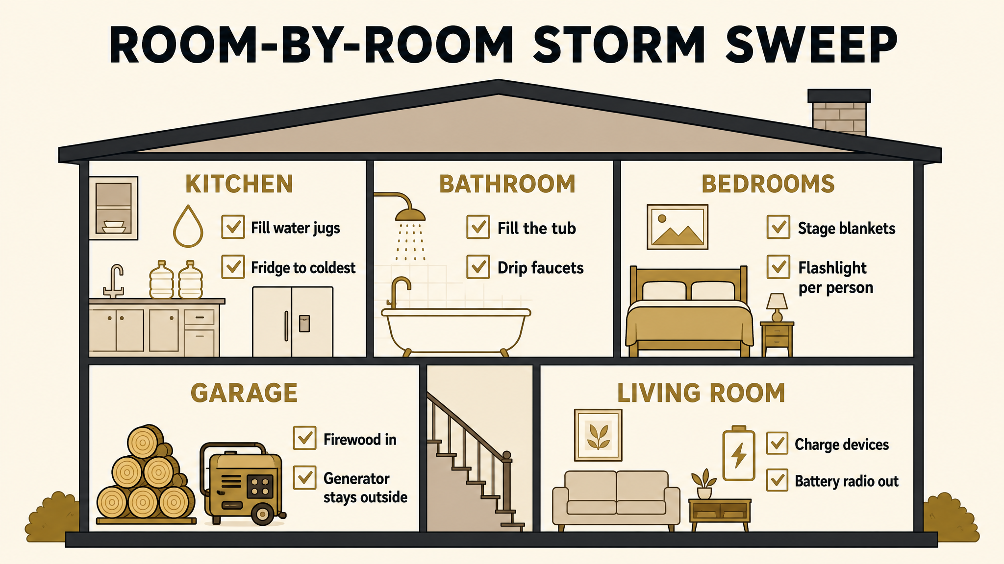 Infographic showing a room-by-room winter storm checklist covering kitchen, bathroom, bedrooms, garage, and living room tasks