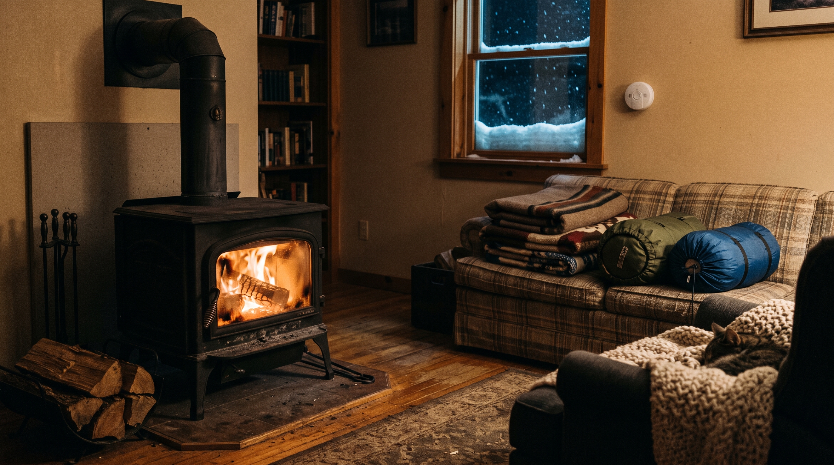 A wood stove burning in a dim living room with a carbon monoxide detector on the wall nearby and blankets staged on a couch