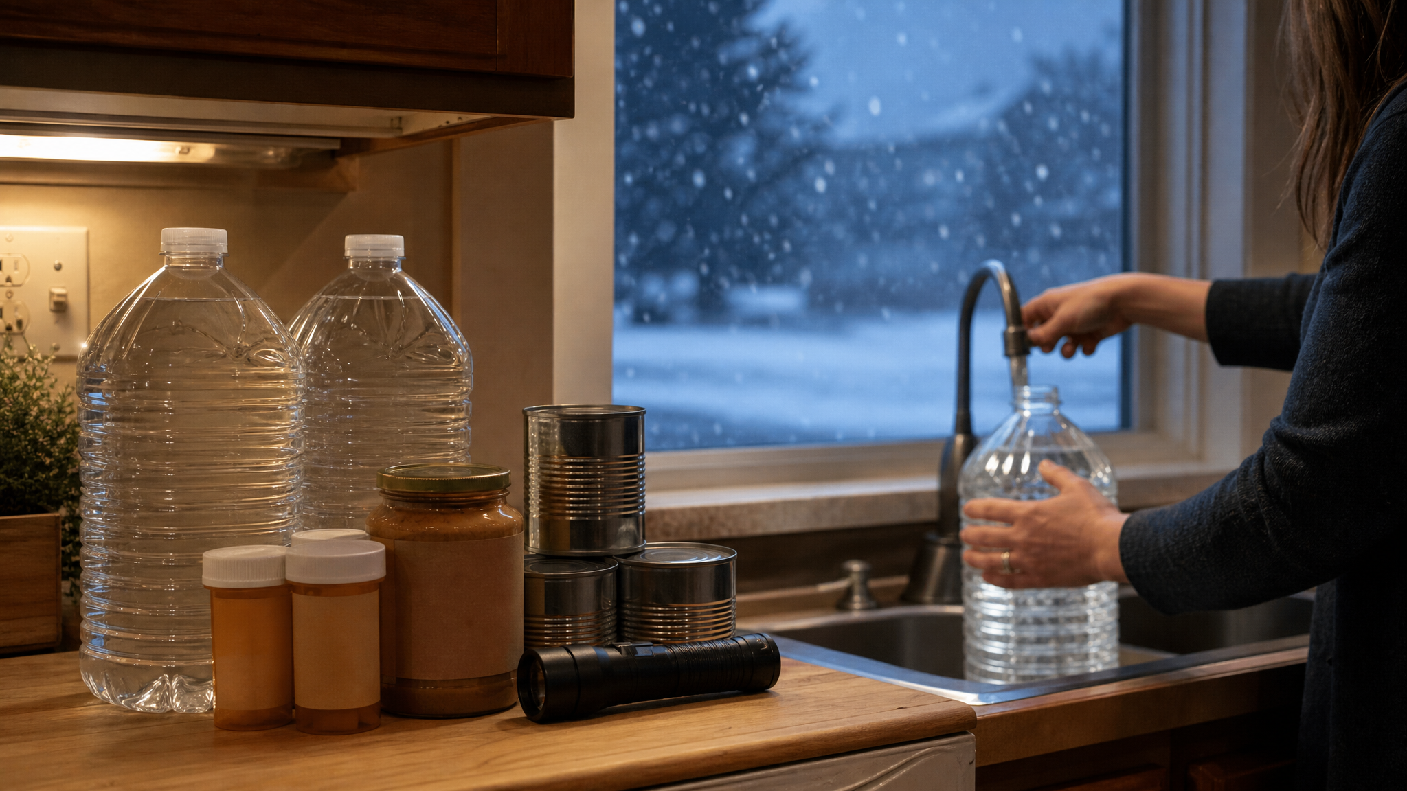 A kitchen counter staged with filled water containers, canned food, prescription bottles, and a flashlight as snow falls outside the window