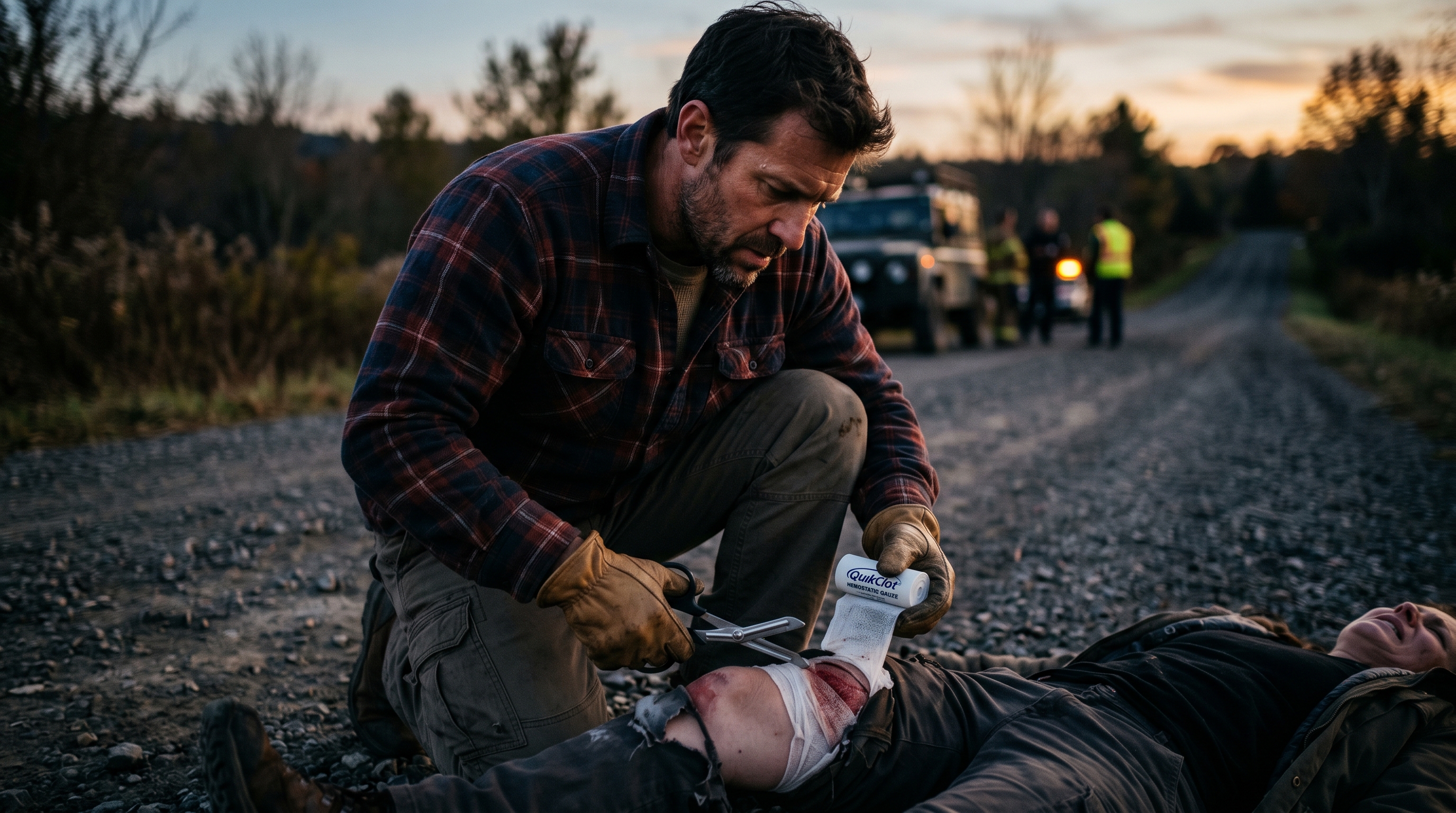 Person evaluating a deep groin wound, deciding between wound packing and tourniquet application, gritty realistic lighting