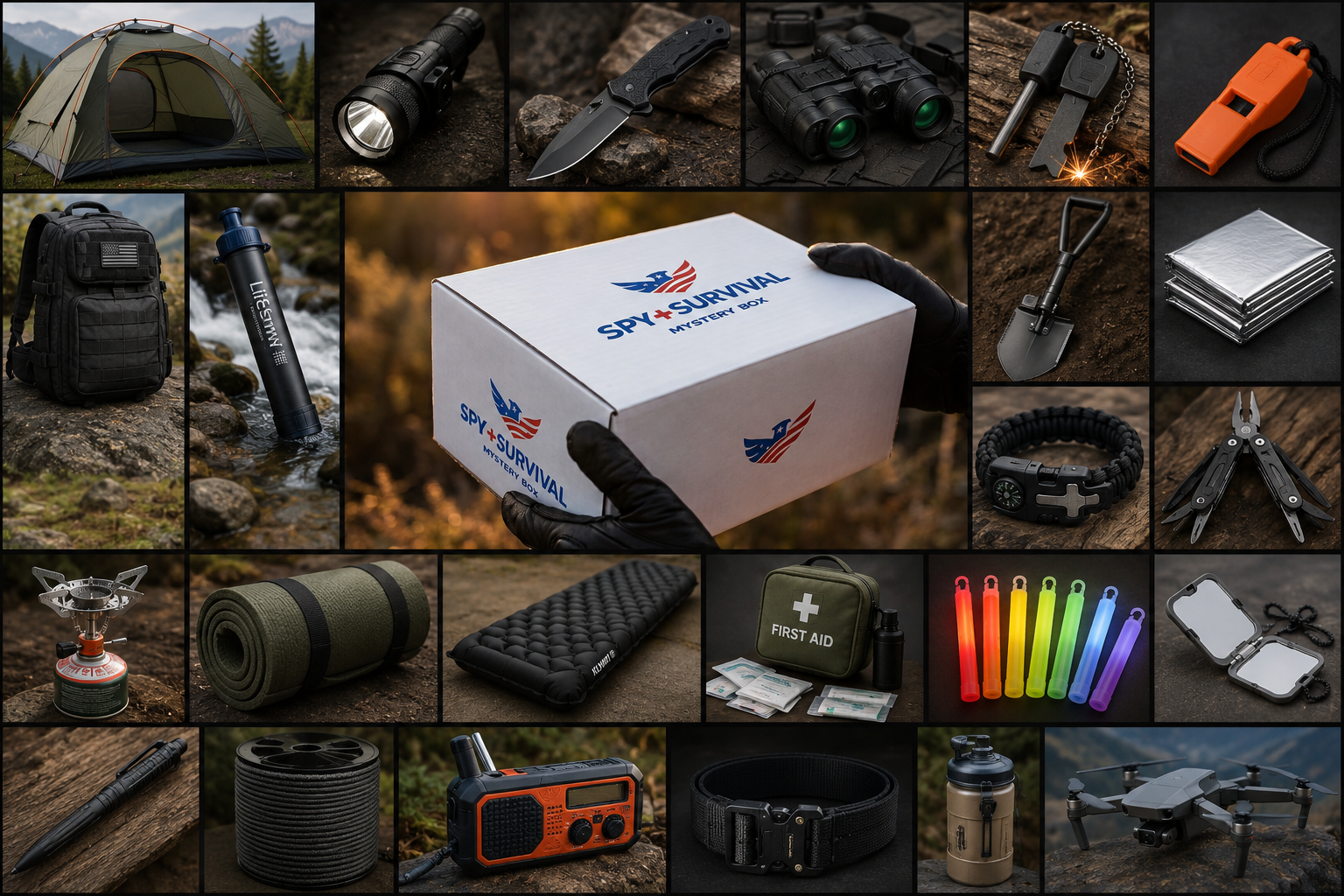 Premium Gear: example gear from a Spy + Survival Mystery Box