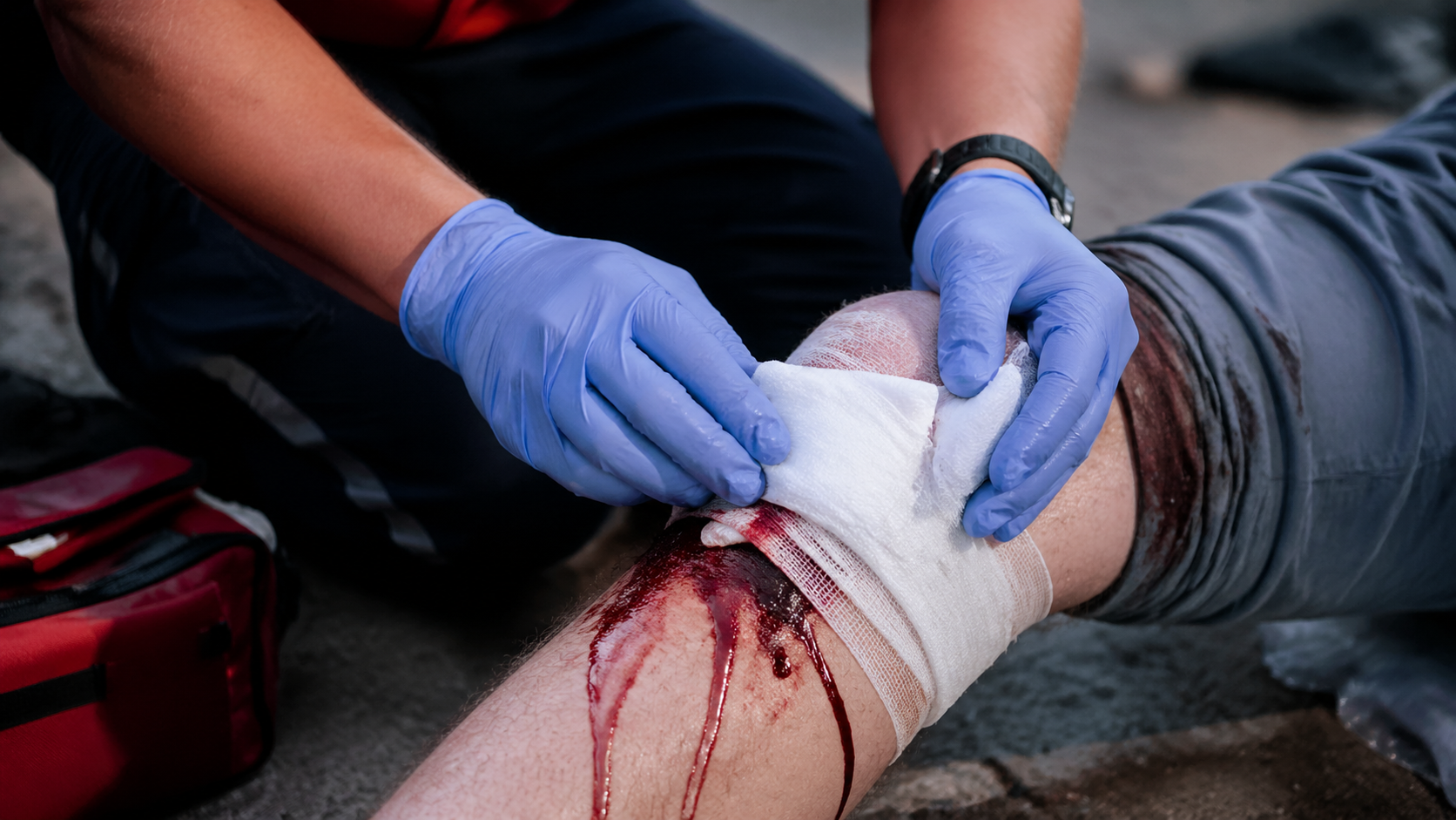 Emergency hemorrhage control — hands in nitrile gloves preparing trauma supplies