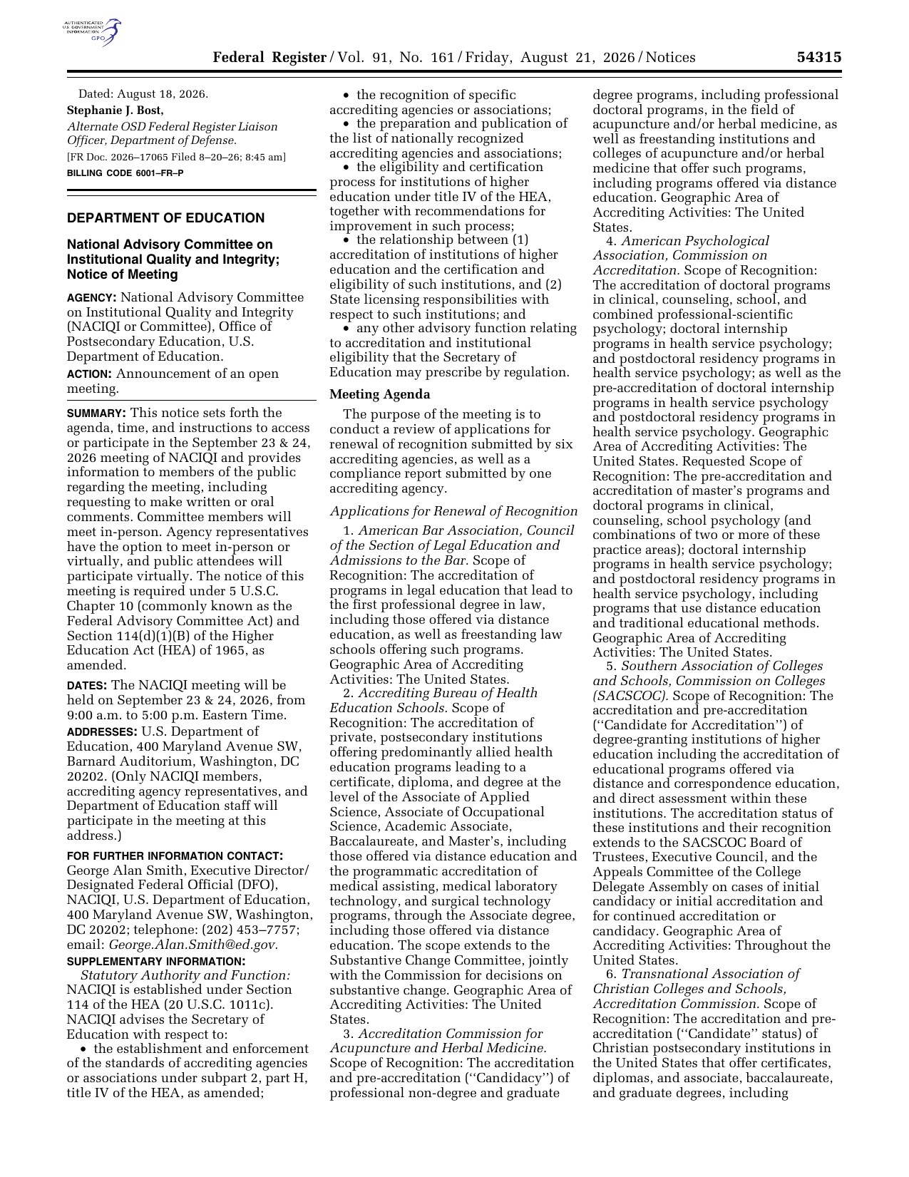 Page one of the Federal Register notice of the September 23 and 24, 2026 NACIQI meeting, listing the American Bar Association Council of the Section of Legal Education and Admissions to the Bar as the first application for renewal of recognition