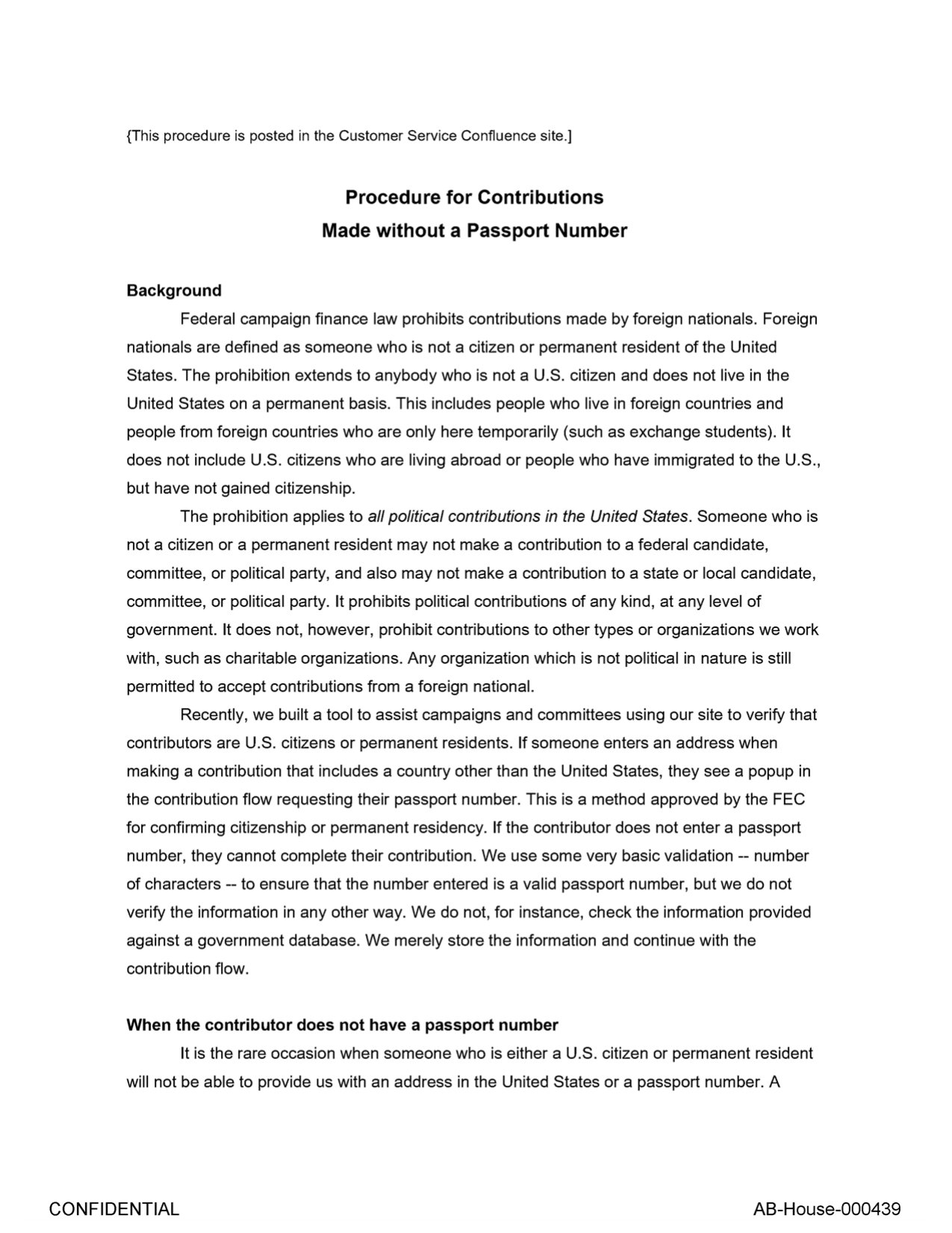 Page 66 of the House staff report on ActBlue, Exhibit 13, ActBlue's procedure for contributions made without a passport number
