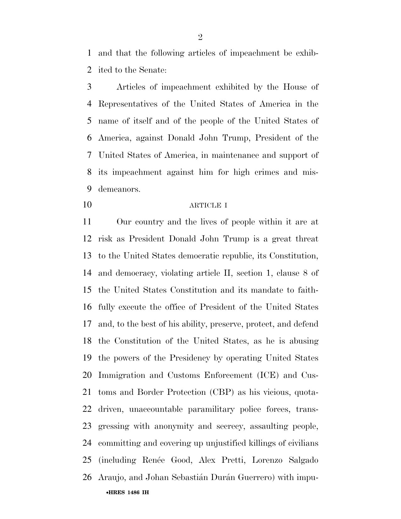 Page 2 of H. Res. 1486, showing the start of Article I and the four people named in the article of impeachment