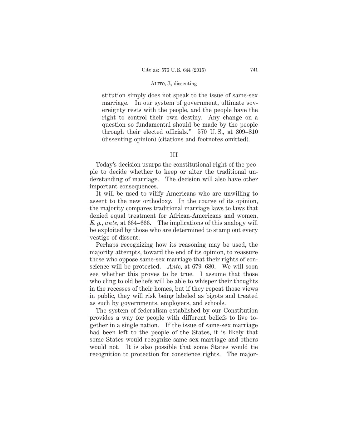Page 741 of the Obergefell v. Hodges opinion in the United States Reports, showing Justice Alito's dissent about believers whispering in the recesses of their homes