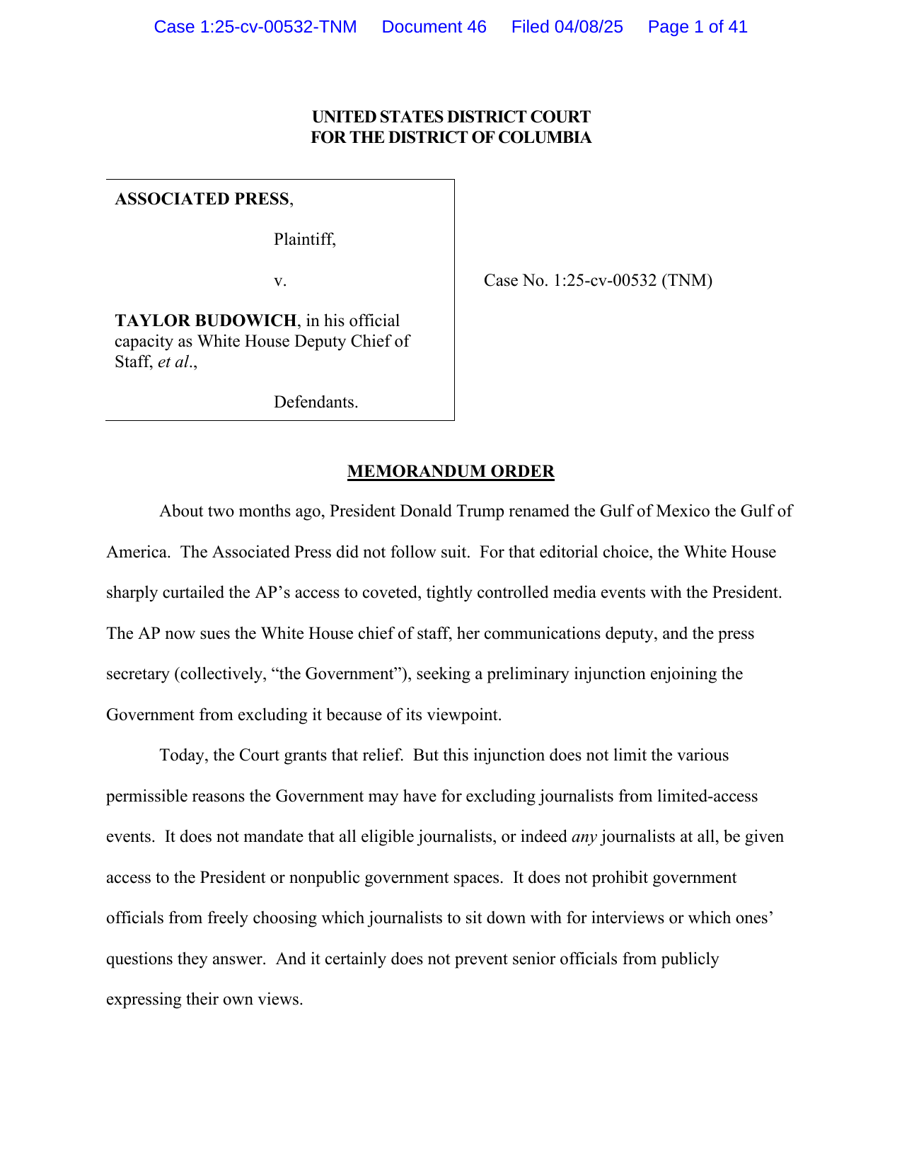 First page of Judge Trevor N. McFadden's April 8, 2025 memorandum order in Associated Press v. Budowich