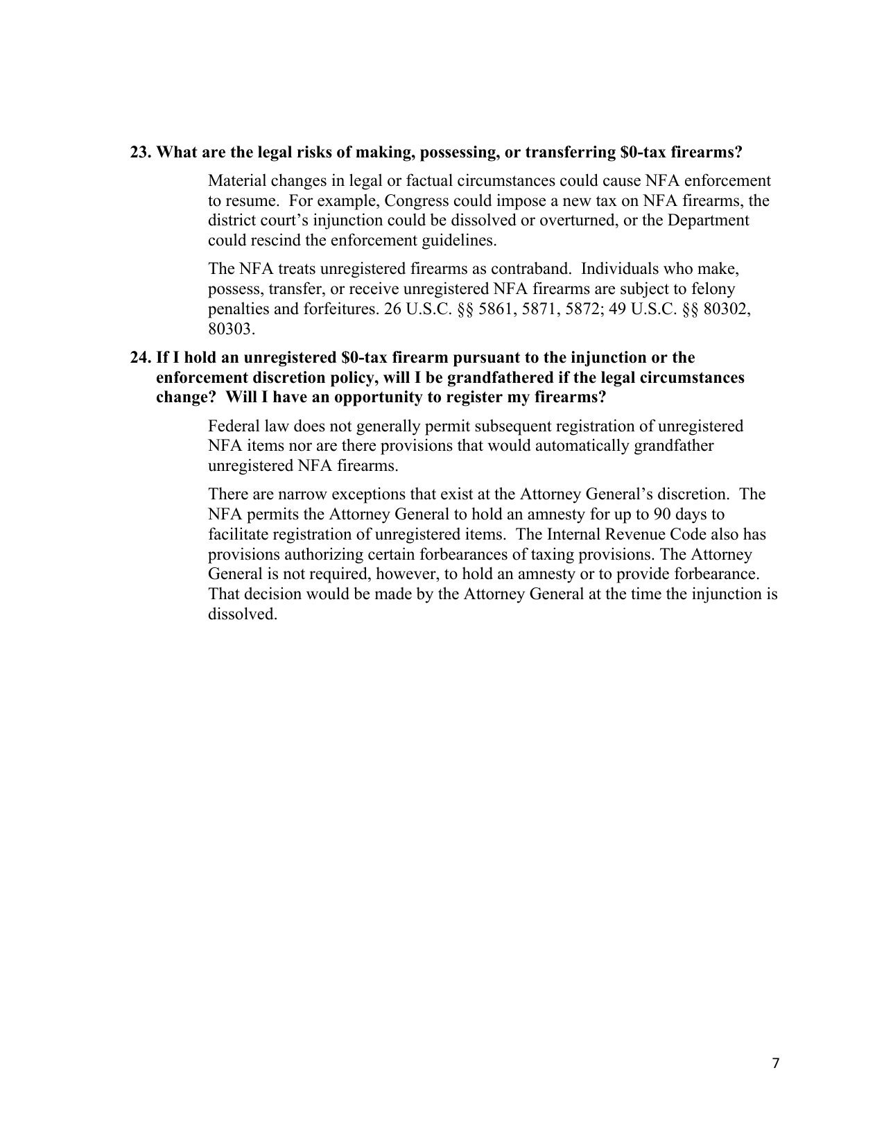Page 7 of ATF's Oct. 9, 2026 NFA guidance FAQ, showing questions 23 and 24 on legal risks and amnesty