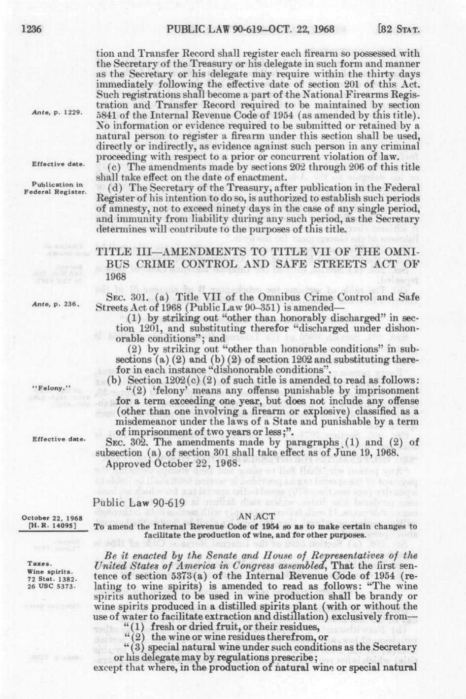Page 1236 of volume 82 of the Statutes at Large, showing Section 207 of the Gun Control Act of 1968 and its amnesty provision