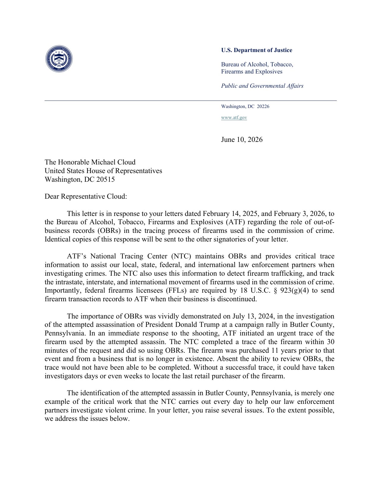 Page 1 of ATF's June 10, 2026 letter to Rep. Michael Cloud describing the Butler County trace