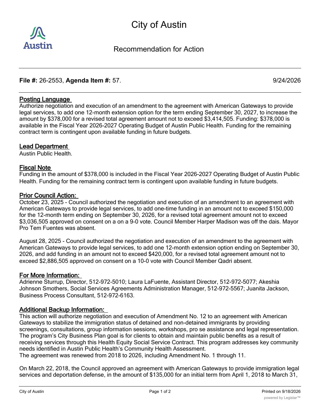 City of Austin Recommendation for Action for Agenda Item 57, American Gateways legal services amendment, page 1