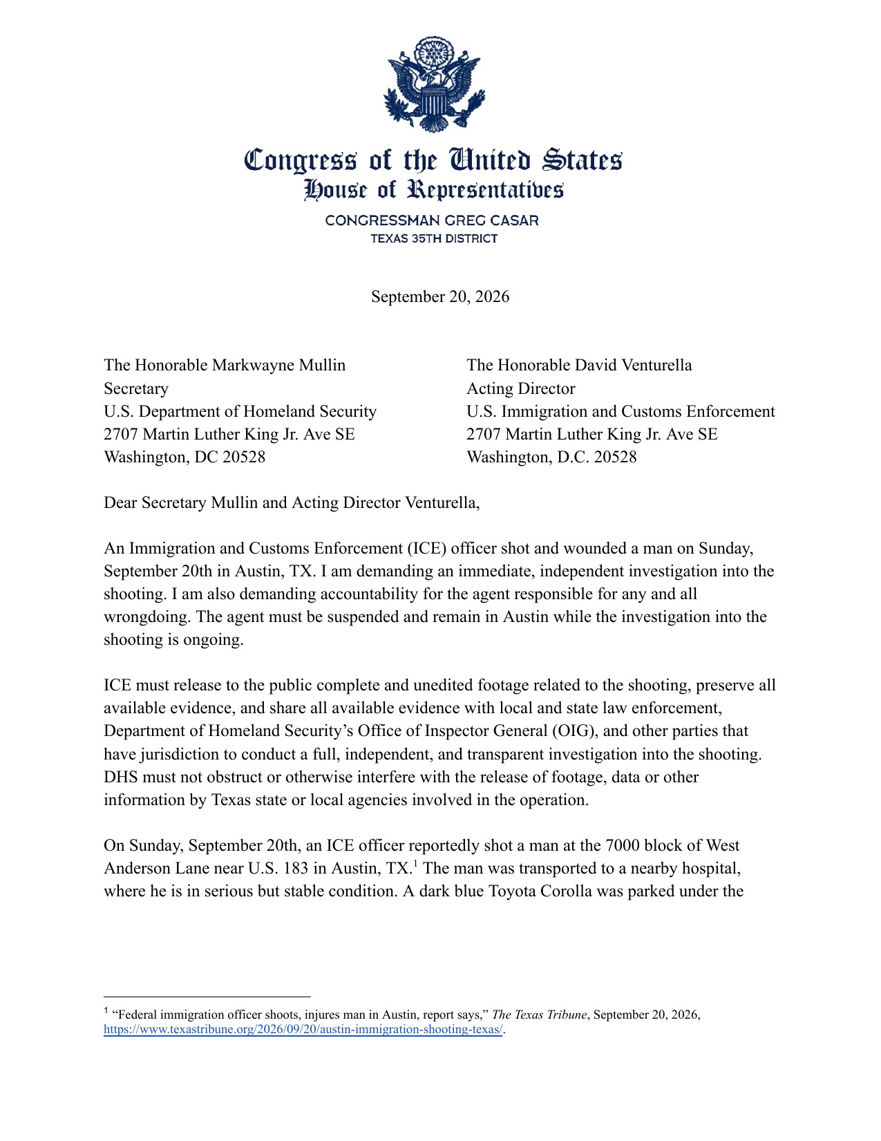 Page 1 of Rep. Greg Casar's September 20, 2026 letter to DHS Secretary Markwayne Mullin regarding the Austin ICE shooting