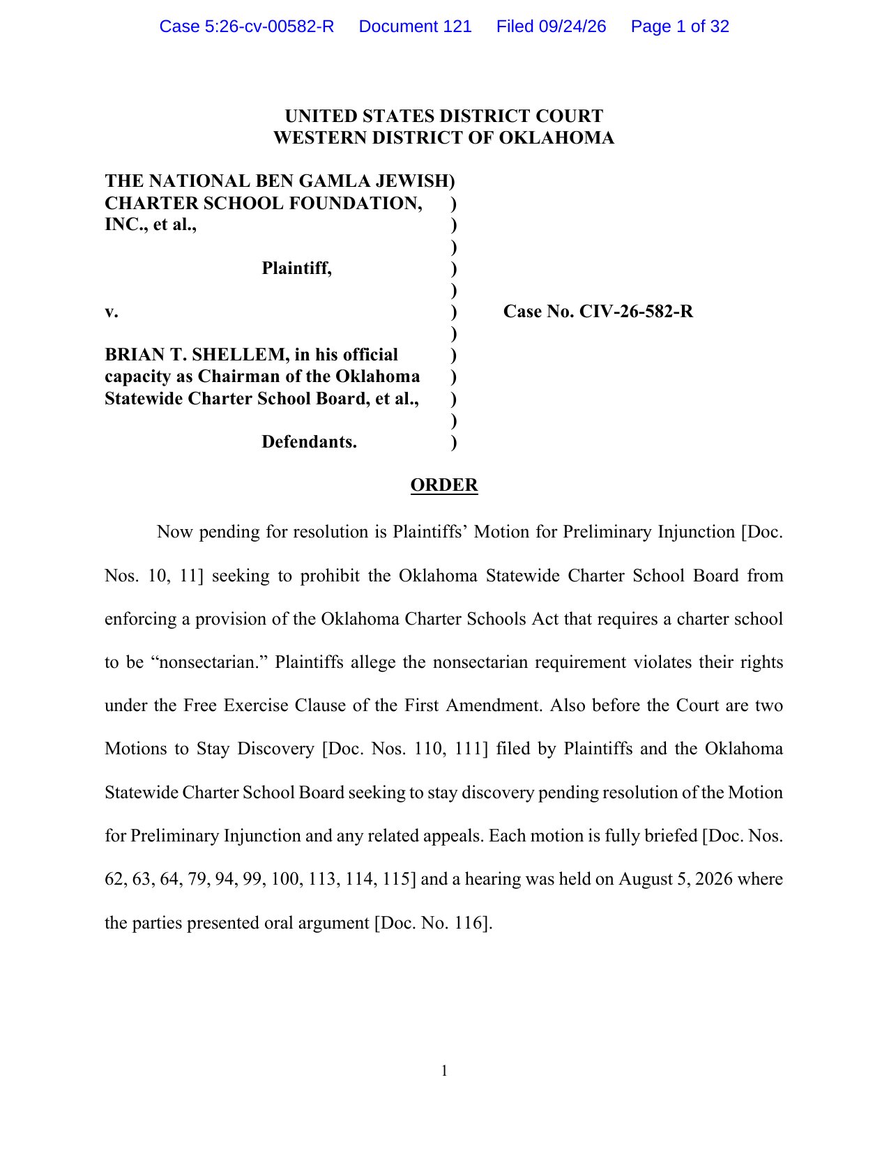 First page of Judge David L. Russell's Sept. 24, 2026 order in Ben Gamla v. Shellem, Western District of Oklahoma
