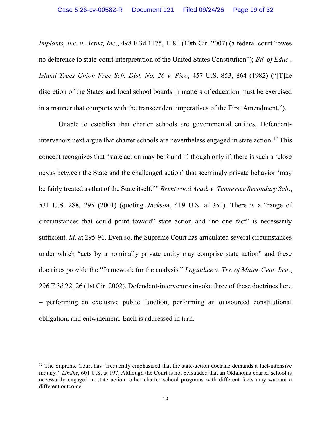 Page 19 of Judge Russell's Ben Gamla order, including footnote 12 limiting the state-action holding to Oklahoma's charter program