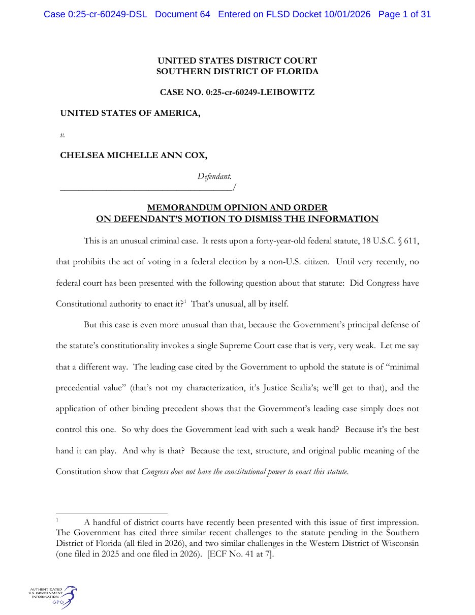 Page 1 of the memorandum opinion and order in United States v. Cox, Southern District of Florida