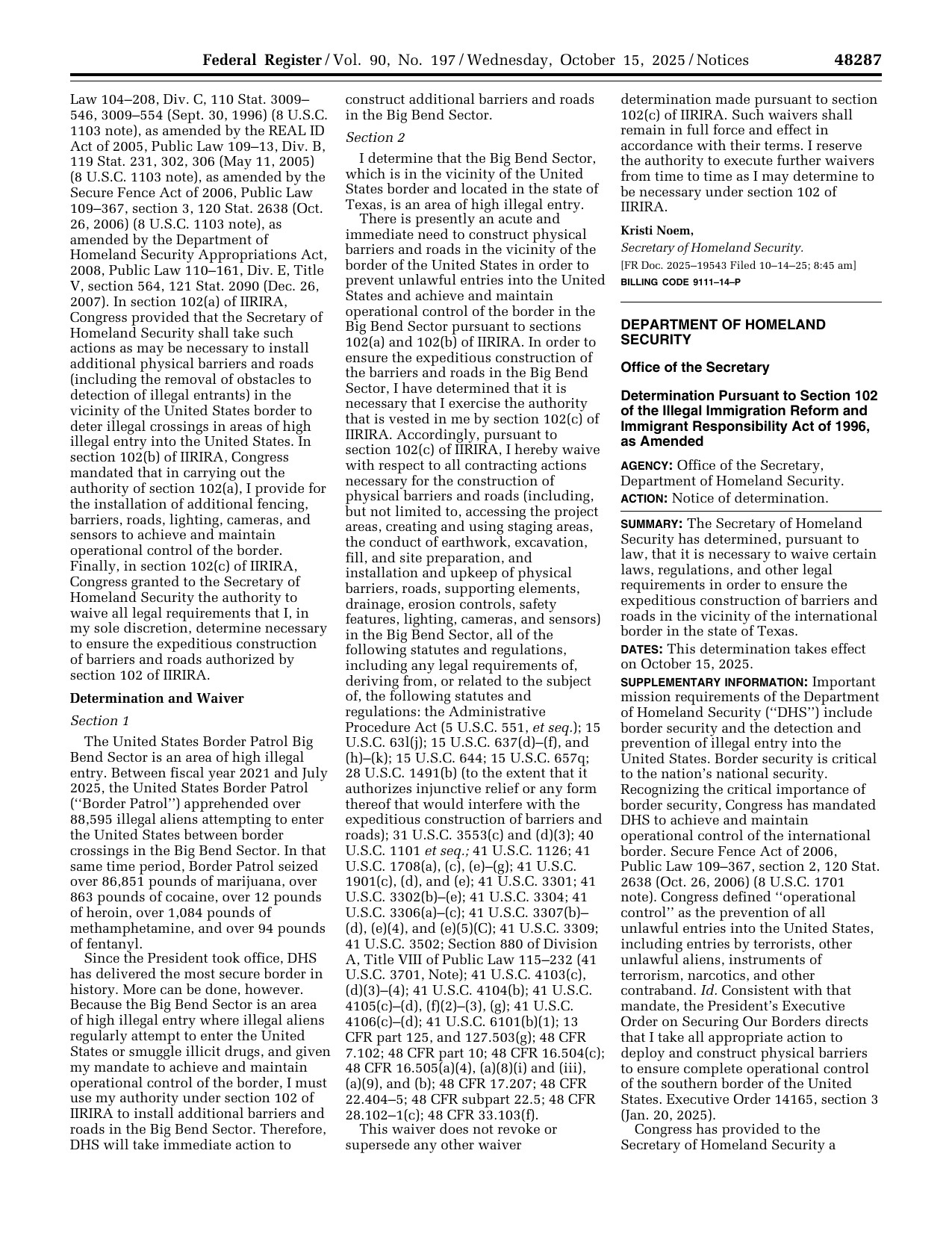 Federal Register page showing the Big Bend Sector high illegal entry determination