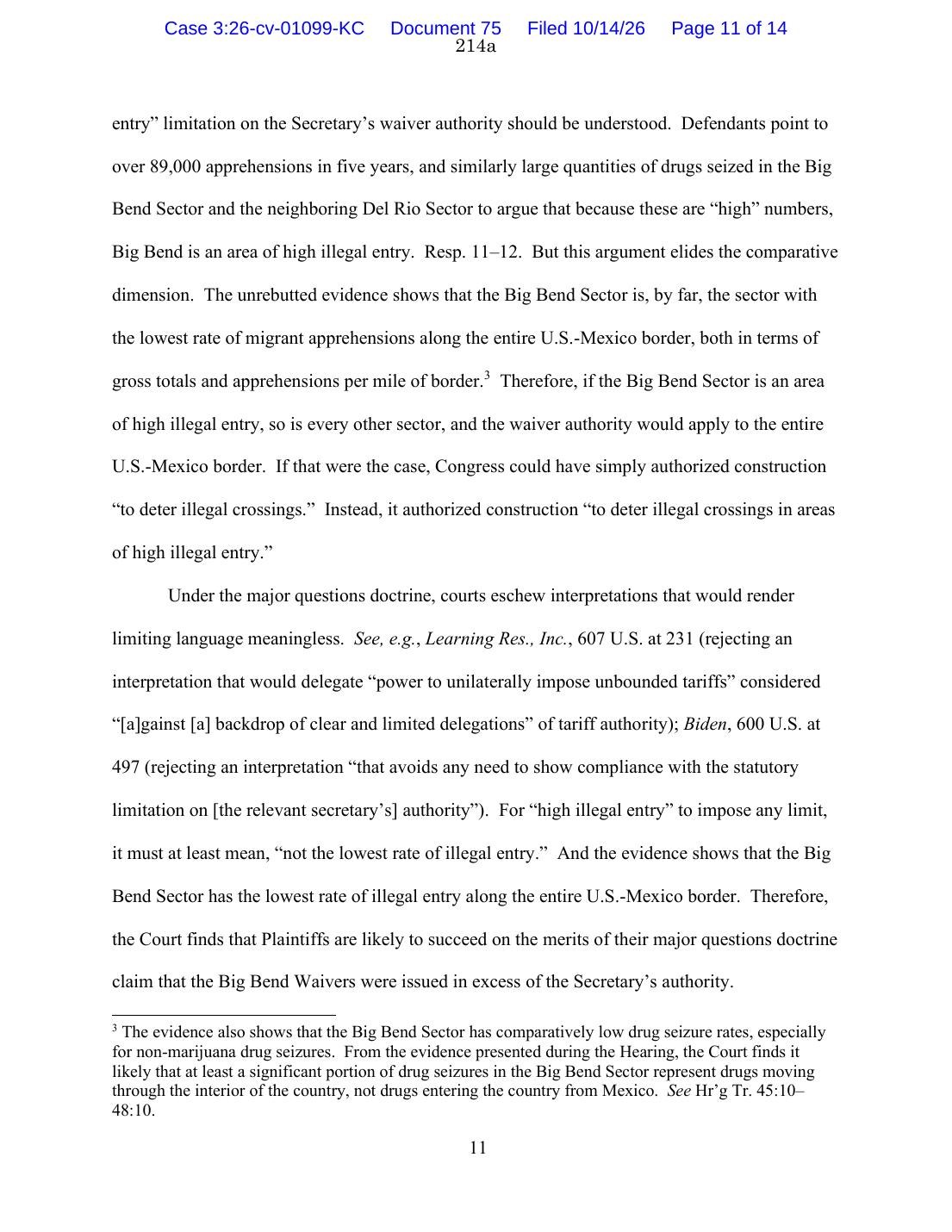 Page 11 of Judge Cardone's October 14, 2026 opinion, marked 214a in the government's appendix