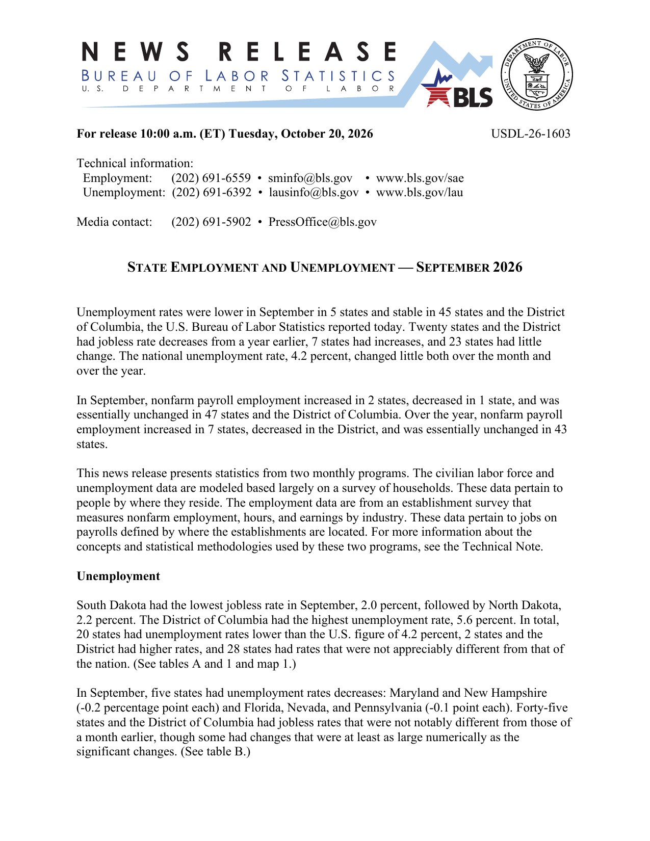 BLS State Employment and Unemployment news release for September 2026, page 1