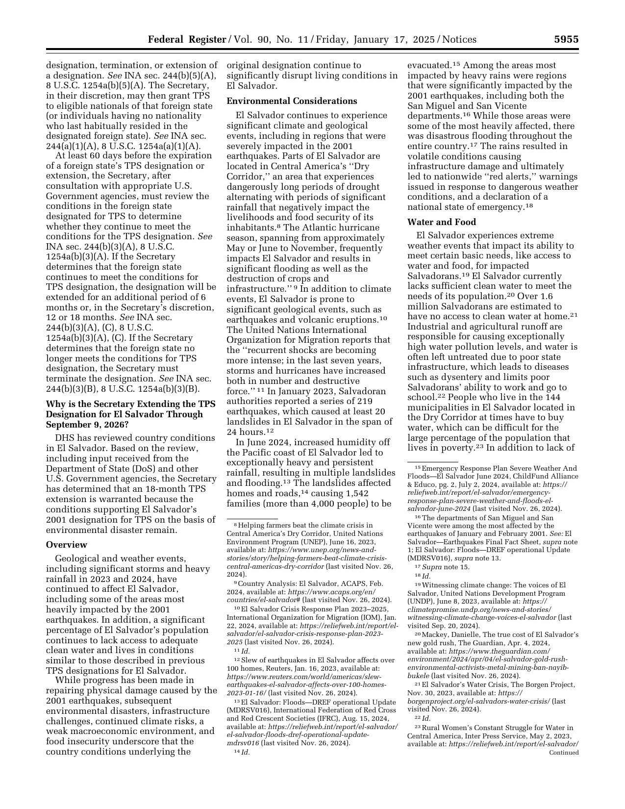 Federal Register page 5955 from the Jan. 17, 2025 El Salvador TPS extension notice, showing the 60-day review requirement