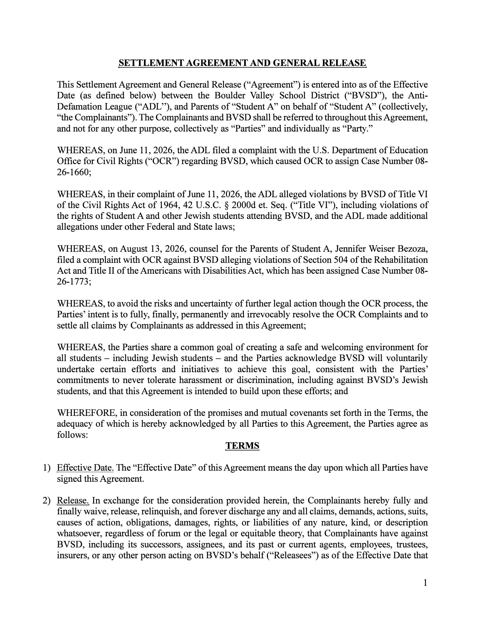 First page of the Boulder Valley School District and ADL settlement agreement