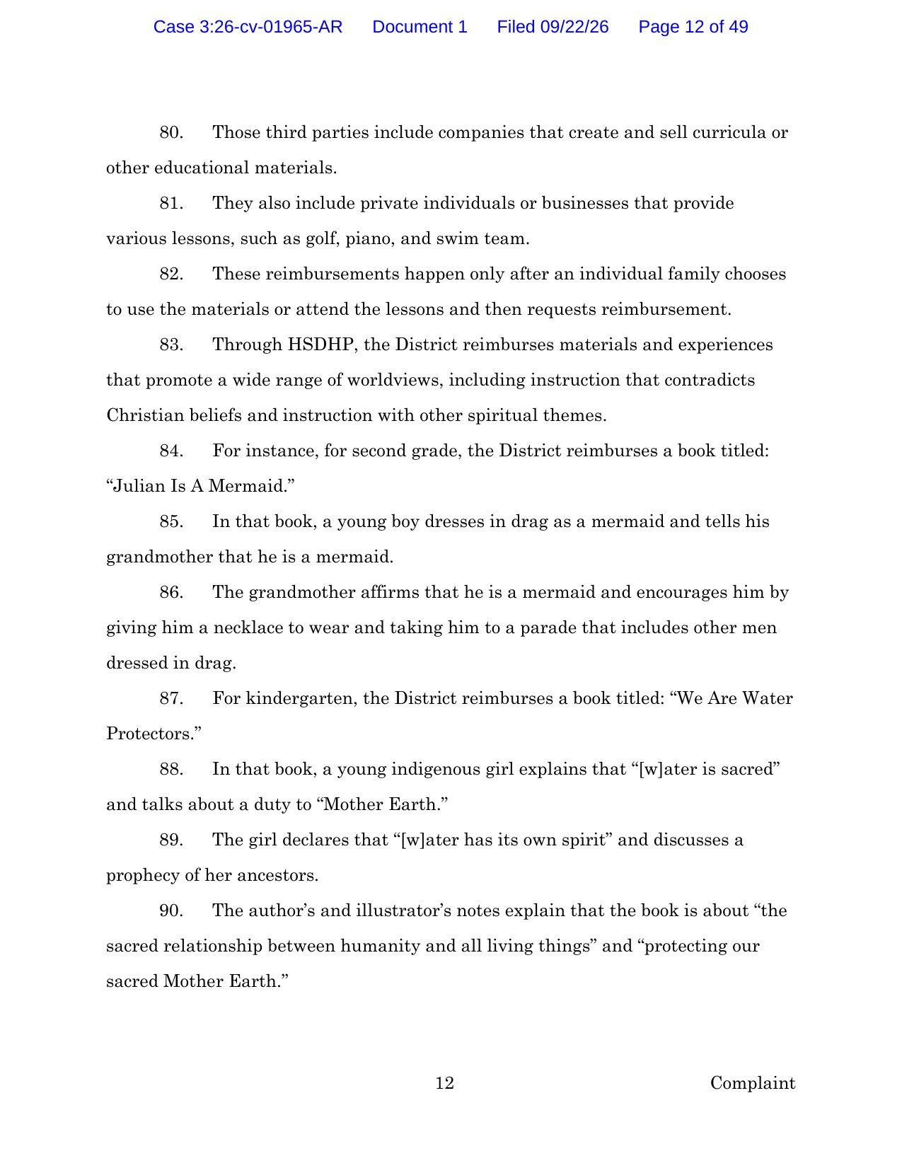 Page 12 of the complaint in Bulzan v. Hillsboro School District, listing books the district reimburses