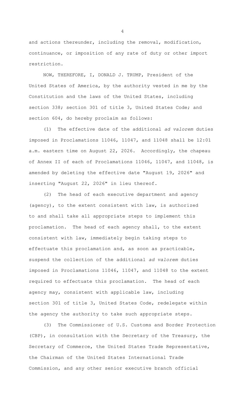 Page 4 of Proclamation 11056, showing the operative clause setting the tariff effective date at 12:01 a.m. eastern time on August 22, 2026