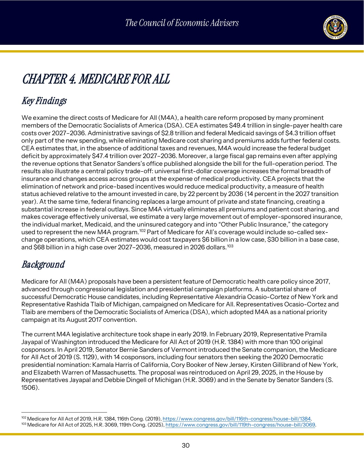 Page 30 of the CEA socialism report, the opening of Chapter 4, Medicare for All, with key findings