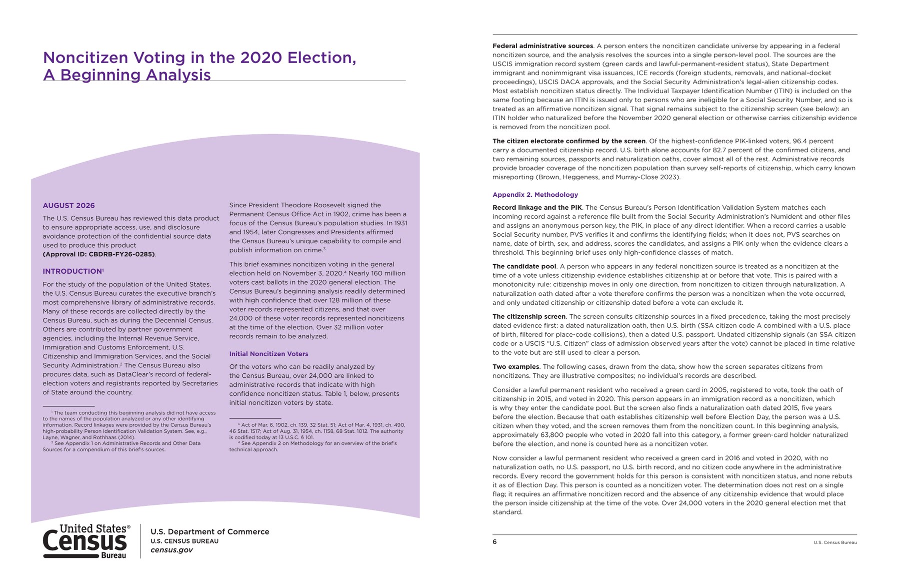Page 1 and page 6 of the U.S. Census Bureau brief Noncitizen Voting in the 2020 Election, A Beginning Analysis, shown side by side