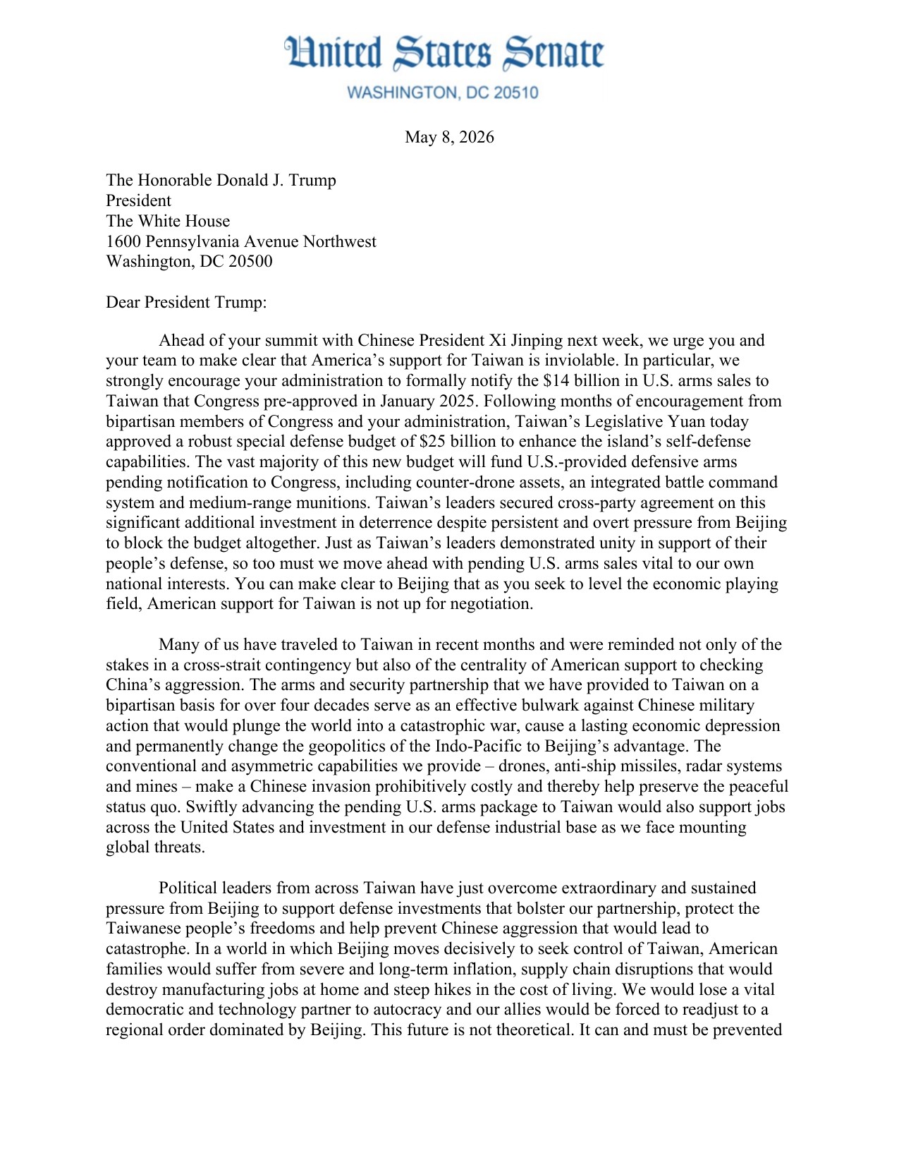 First page of the May 8, 2026 bipartisan Senate letter to President Trump on the Taiwan arms sale