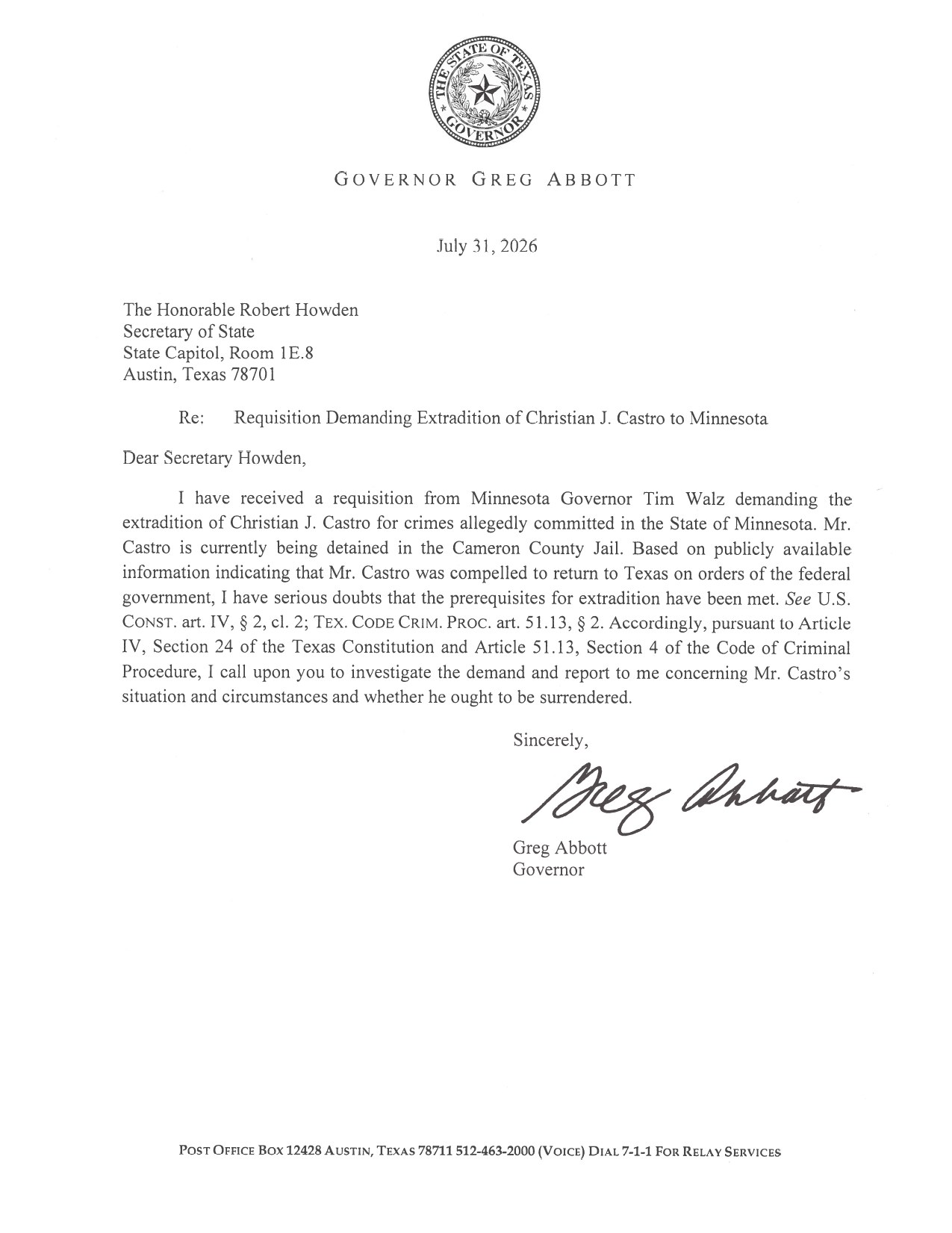 Gov. Greg Abbott's July 31, 2026 letter to Texas Secretary of State Robert Howden ordering an investigation into the Christian Castro extradition demand