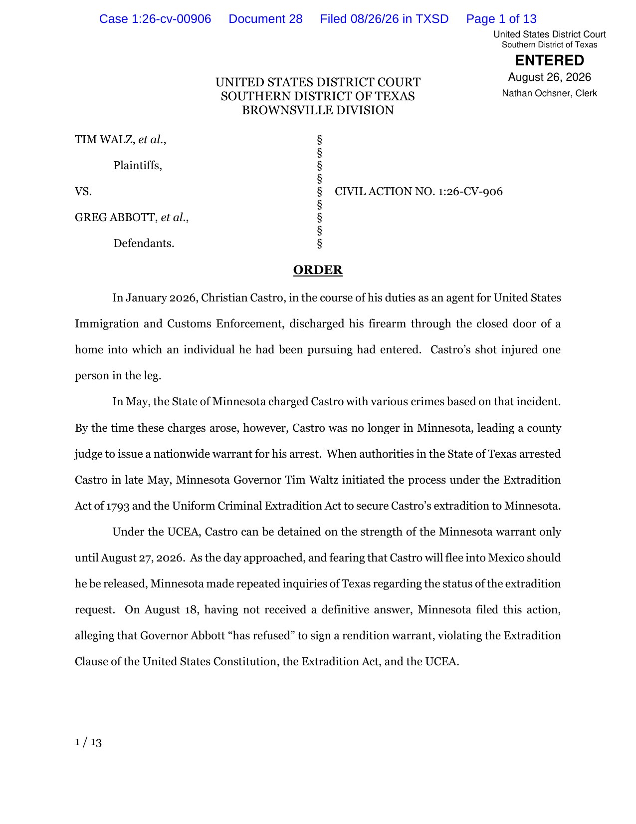 Page 1 of Judge Fernando Rodriguez Jr.'s August 26, 2026 order denying Minnesota's temporary restraining order in Walz v. Abbott
