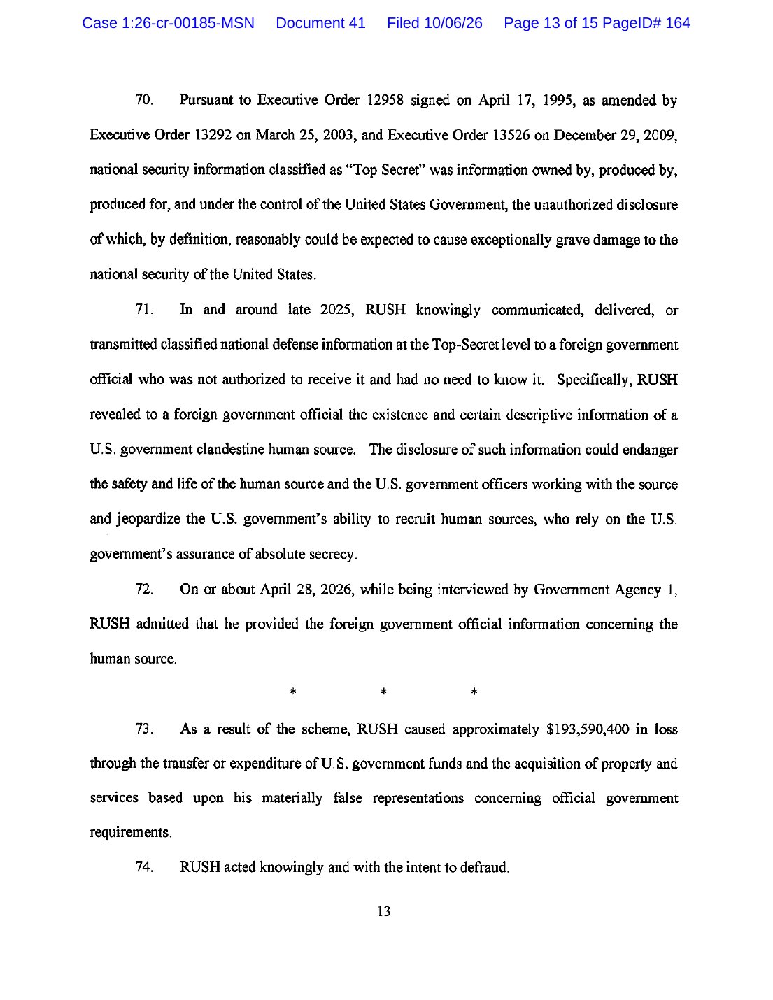 Page 13 of the David Rush statement of facts describing his disclosure of a clandestine human source to a foreign government official