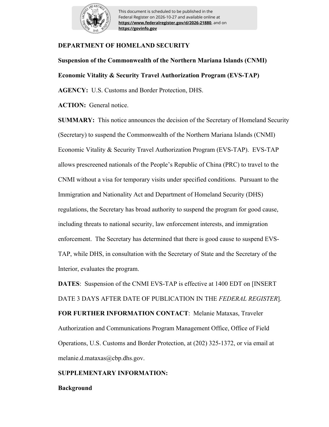 First page of the Department of Homeland Security notice suspending the CNMI Economic Vitality and Security Travel Authorization Program
