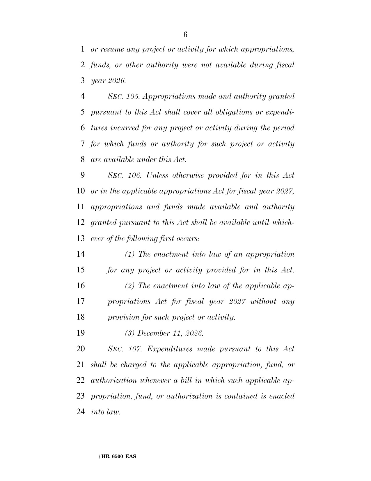 Page 6 of the Senate-passed text of H.R. 6500, showing Section 106 and the December 11, 2026 expiration date