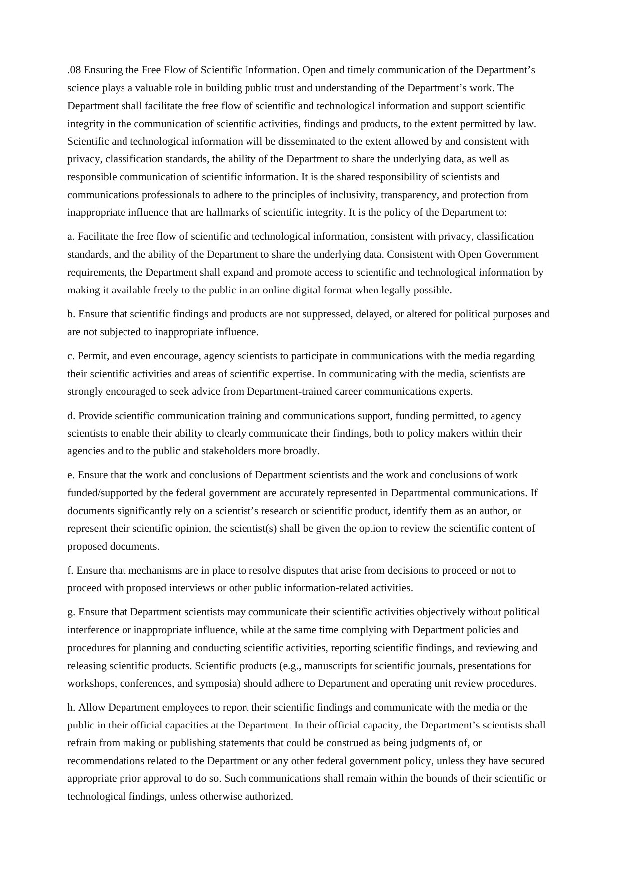 Page of the January 2025 Commerce Department scientific integrity policy showing Section 8.08 and the ban on suppressing or altering scientific findings for political purposes