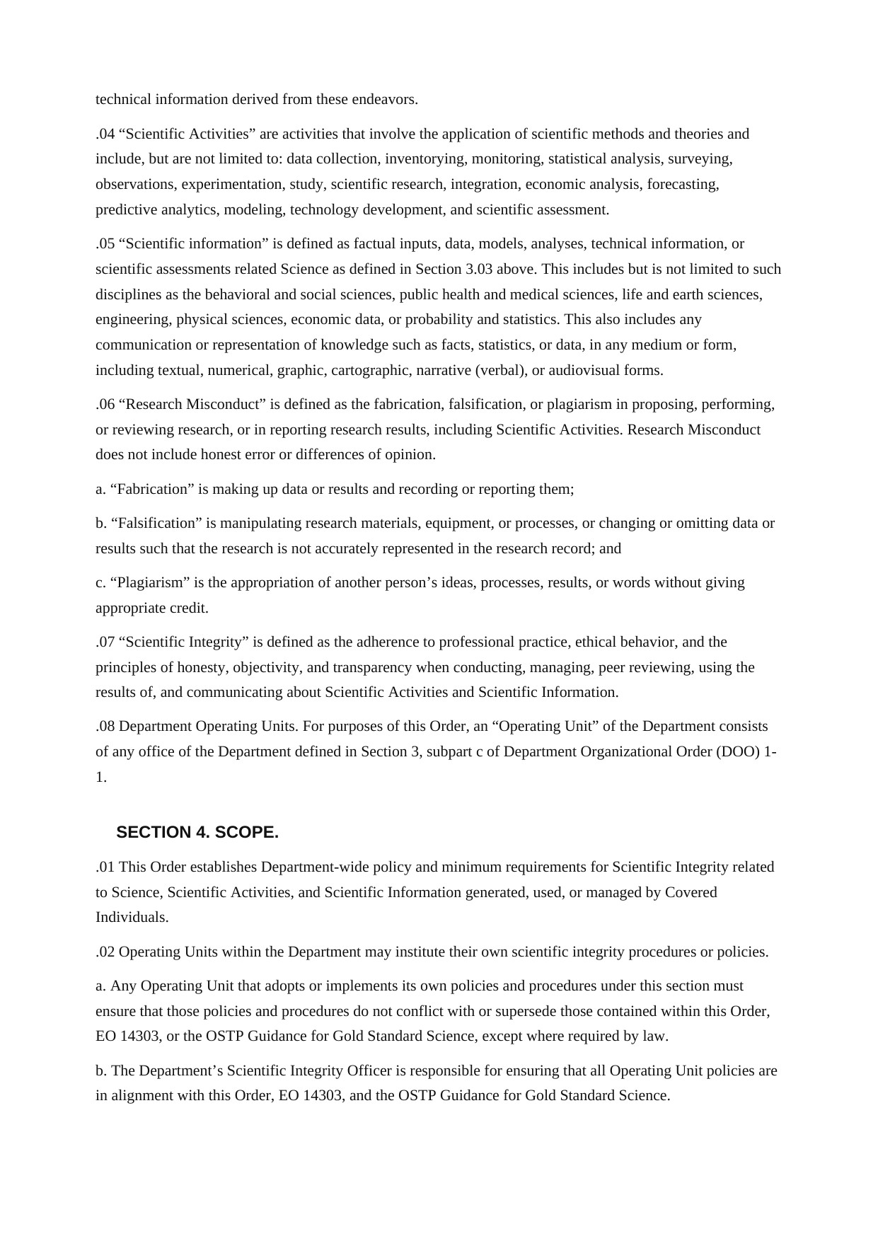 Page of the August 2026 revised Commerce Department scientific integrity policy showing the Section 3.07 definition of scientific integrity without the hallmarks sentence