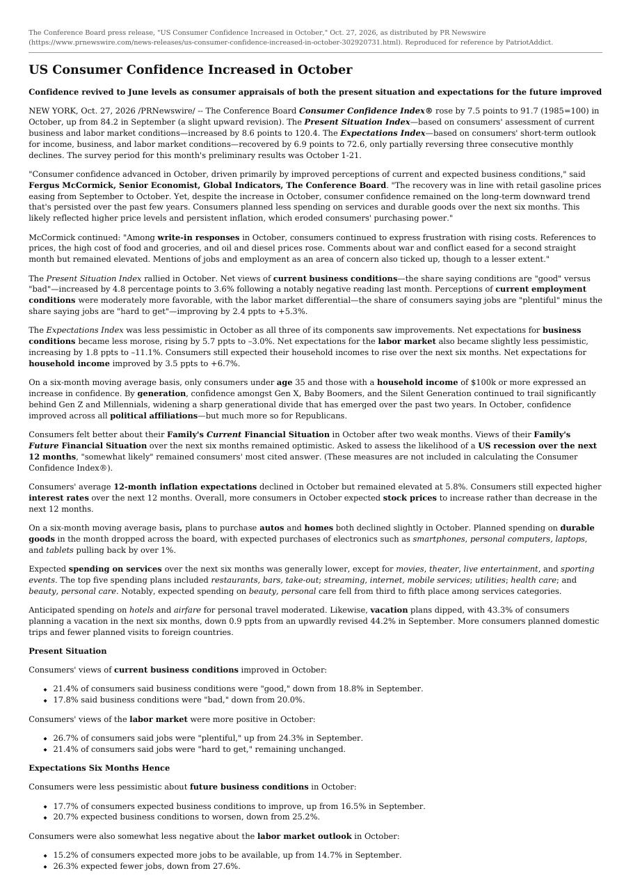 The Conference Board press release on October 2026 consumer confidence, page 1