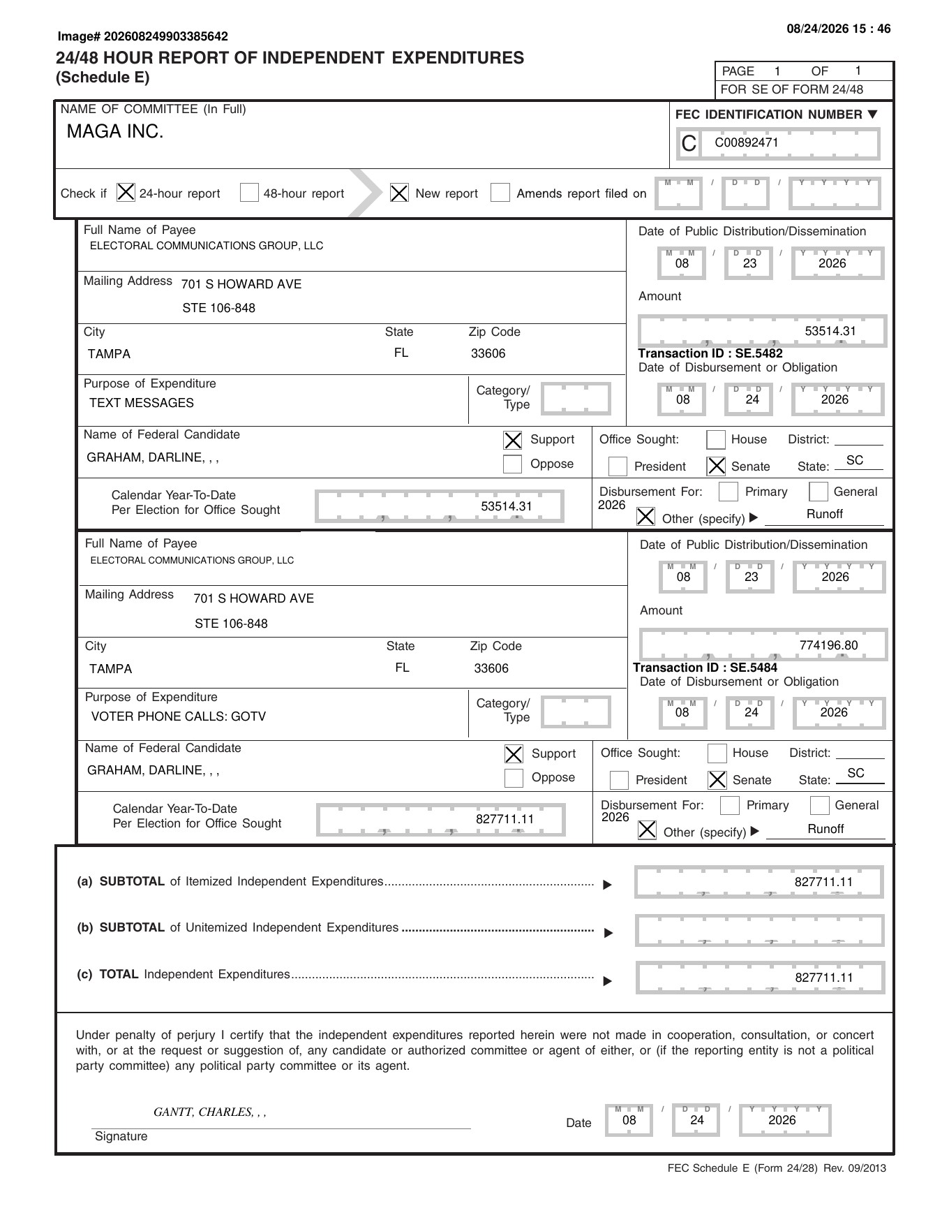 Page 1 of MAGA Inc.'s FEC 24-hour independent expenditure report filed August 24, 2026, itemizing $53,514.31 in text messages and $774,196.80 in get-out-the-vote phone calls supporting Darline Graham