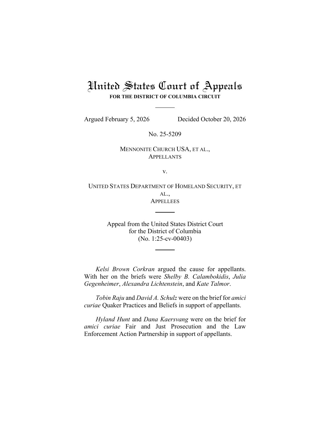 First page of the D.C. Circuit opinion in Mennonite Church USA v. DHS, No. 25-5209