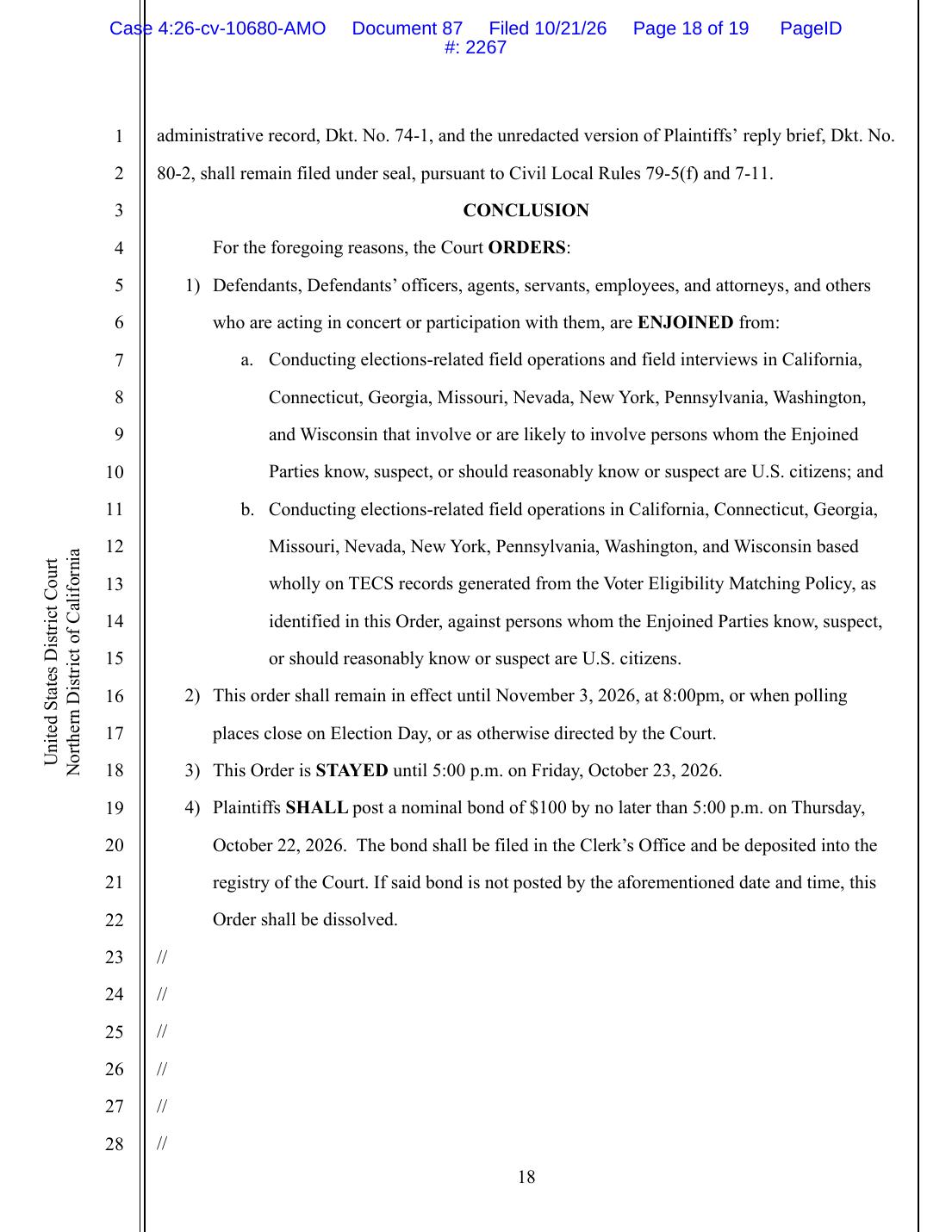Page 18 of the court order granting a preliminary injunction in California Nurses Association v. Mullin, listing the two prohibitions and the November 3 expiration