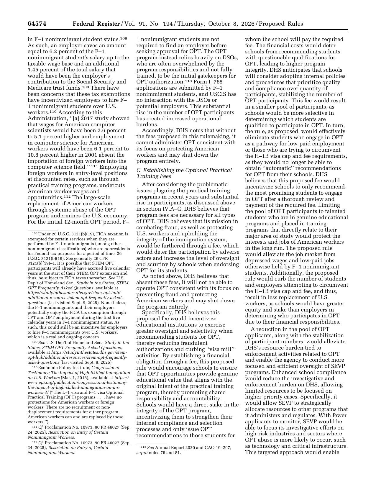 Page 64574 of the Federal Register OPT fee proposed rule, showing the FICA tax exemption discussion
