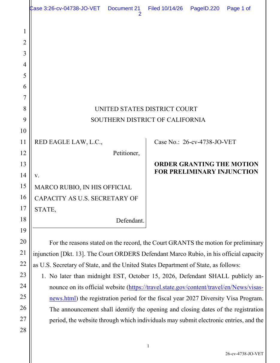 First page of the Southern District of California order granting a preliminary injunction in Red Eagle Law v. Rubio, October 14, 2026