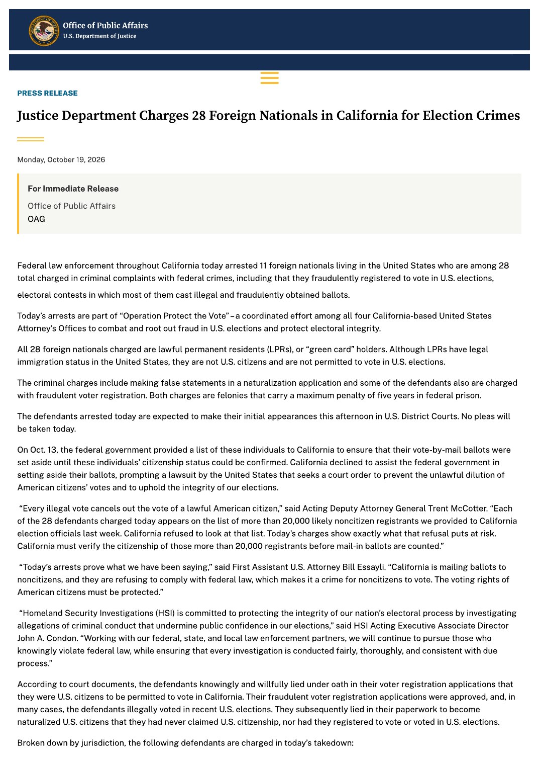 Page 1 of the Justice Department press release announcing charges against 28 foreign nationals in California for election crimes