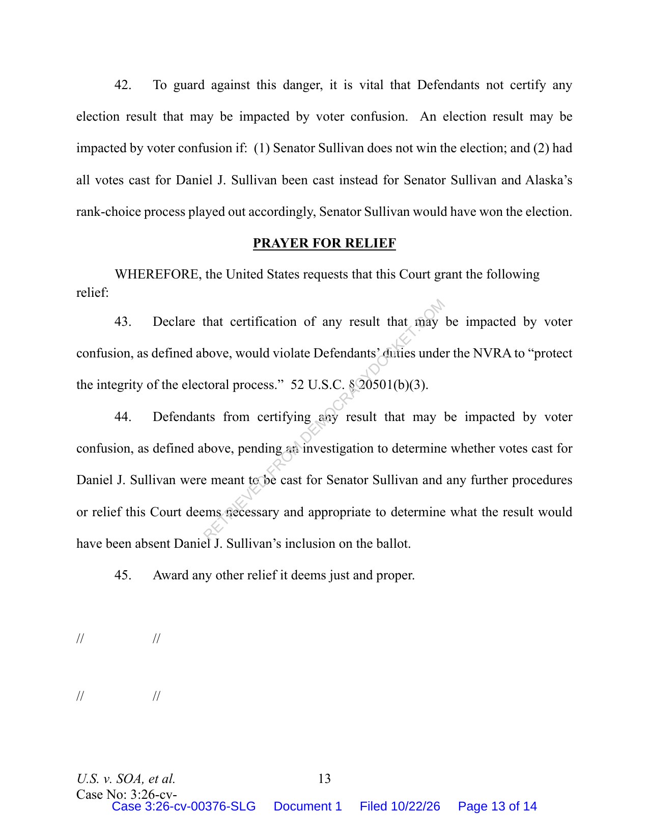 Page 13 of the Justice Department complaint in United States v. Alaska, showing paragraph 42 and the prayer for relief