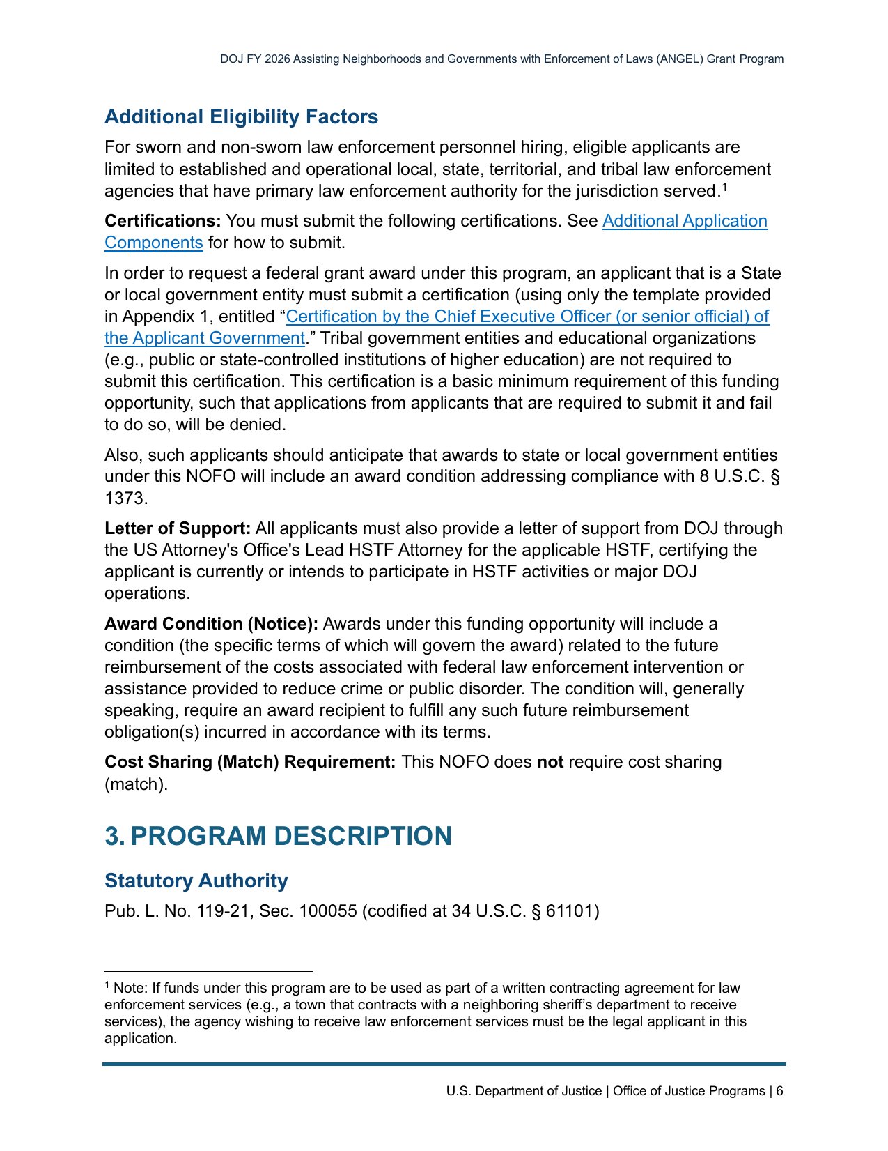 Page 6 of the ANGEL grant notice of funding opportunity, showing the certification, letter of support and award condition requirements