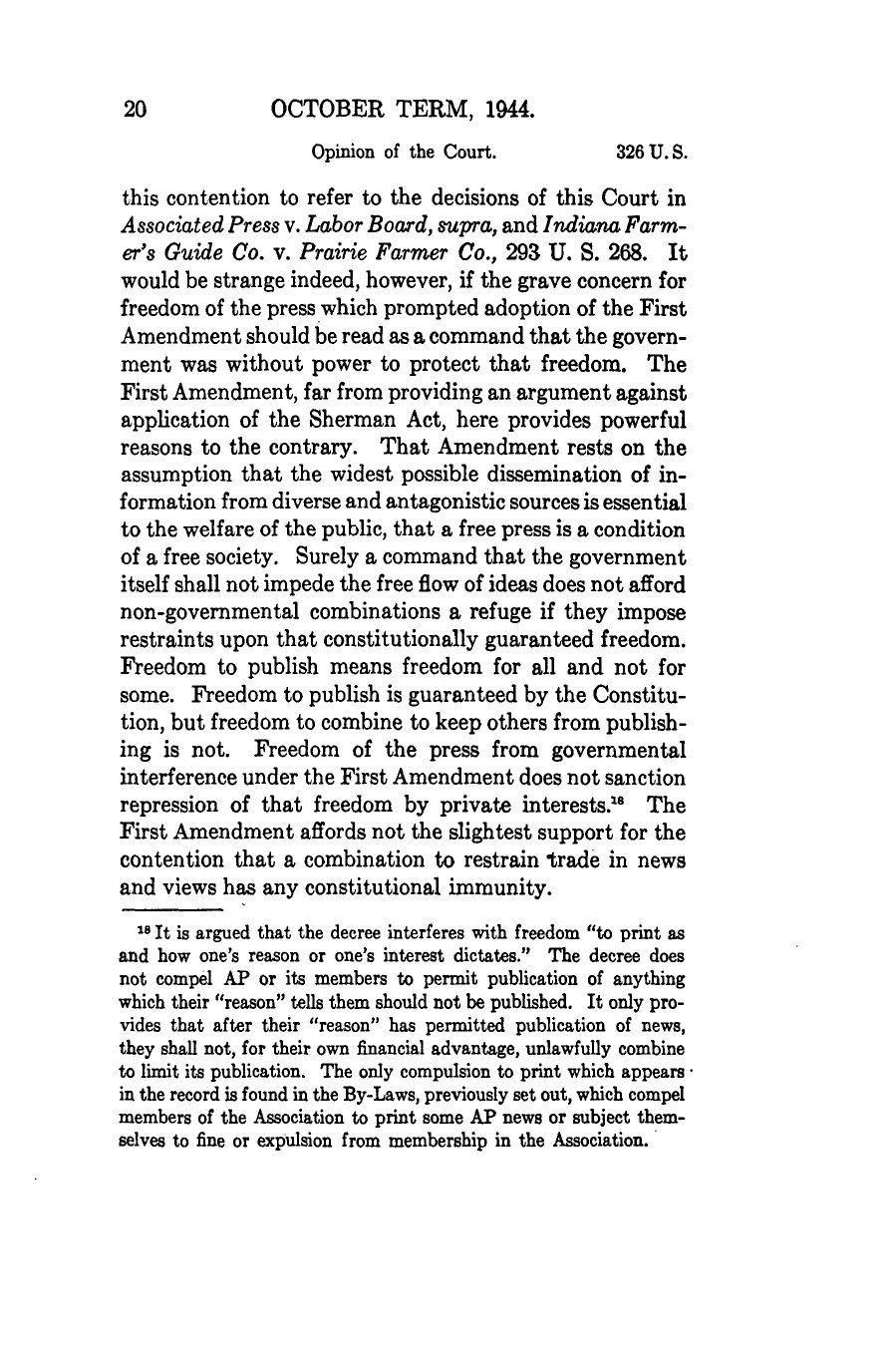 Page 20 of Associated Press v. United States, 326 U.S. 1, showing the First Amendment holding and footnote 18