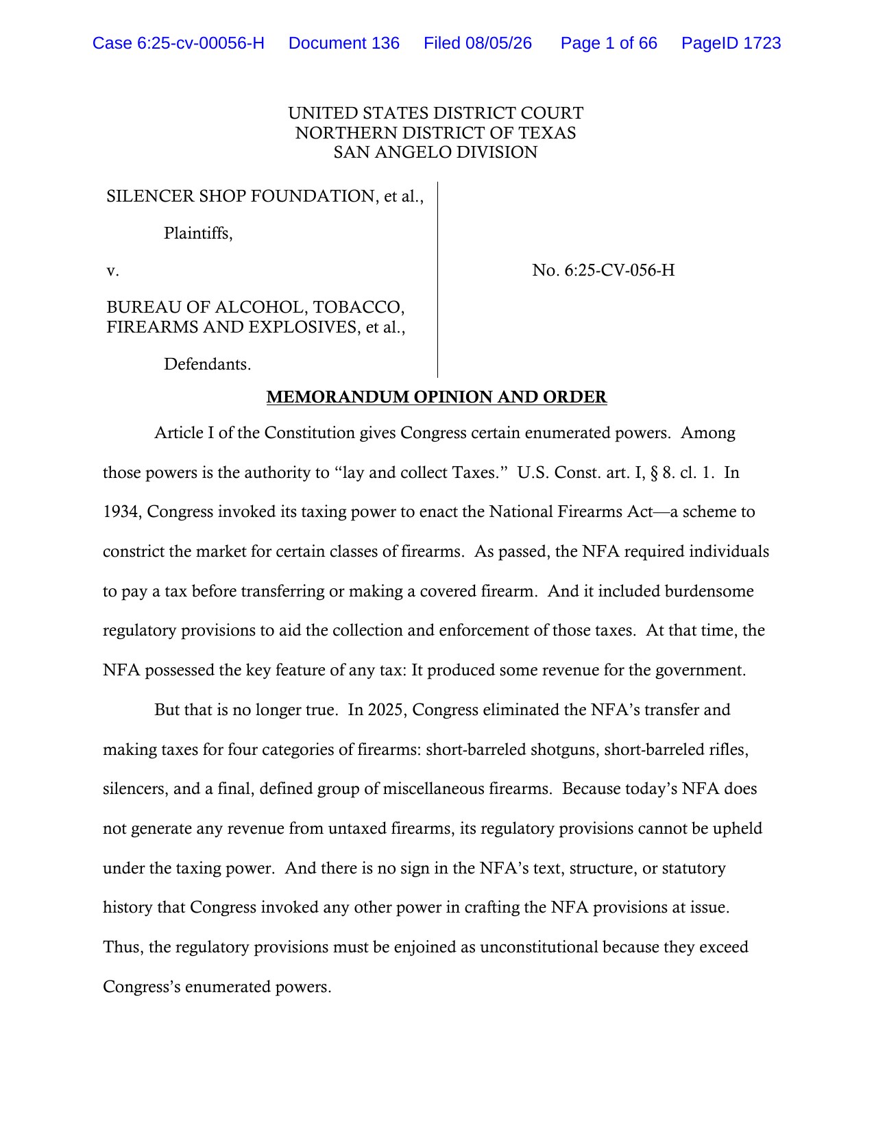 Page 1 of Judge James Wesley Hendrix's Memorandum Opinion and Order in Silencer Shop Foundation v. ATF, No. 6:25-CV-056-H