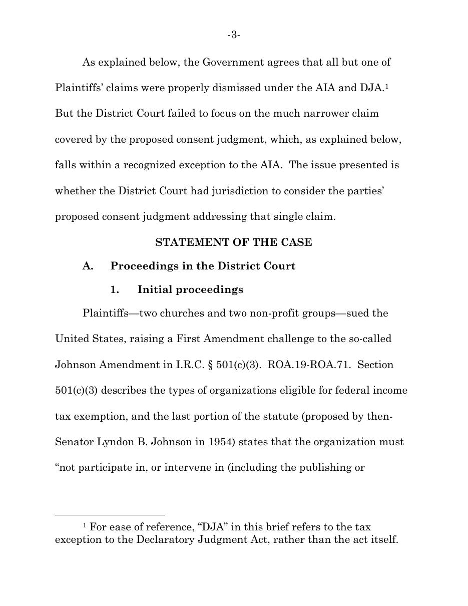 Page 3 of the Justice Department's Fifth Circuit brief in National Religious Broadcasters v. Bessent, stating the government agrees all but one claim was properly dismissed